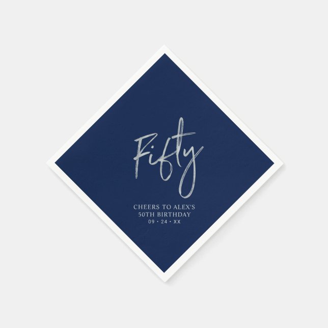 Silver & Navy Blue Fifty 50th Birthday Party Napkins (Corner)