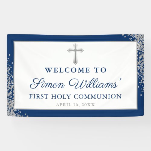 Silver Navy Blue First Holy Communion Banner