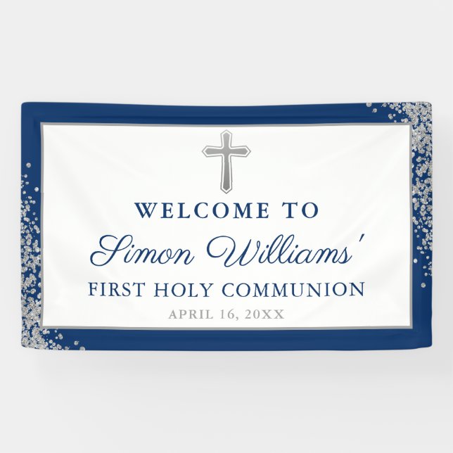 Silver Navy Blue First Holy Communion Banner (Horizontal)