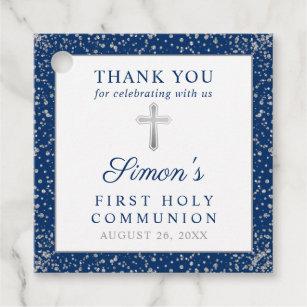 Silver Navy Blue First Holy Communion Thank You Favor Tags