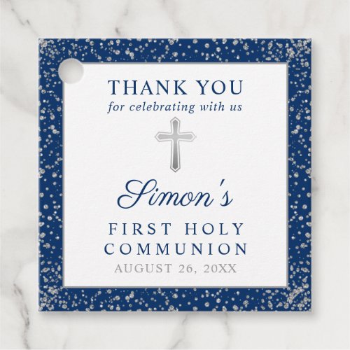 Silver Navy Blue First Holy Communion Thank You Favor Tags