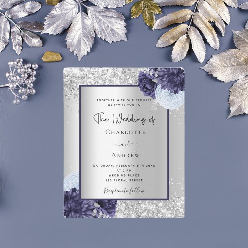 Silver navy blue floral budget wedding invitation flyer