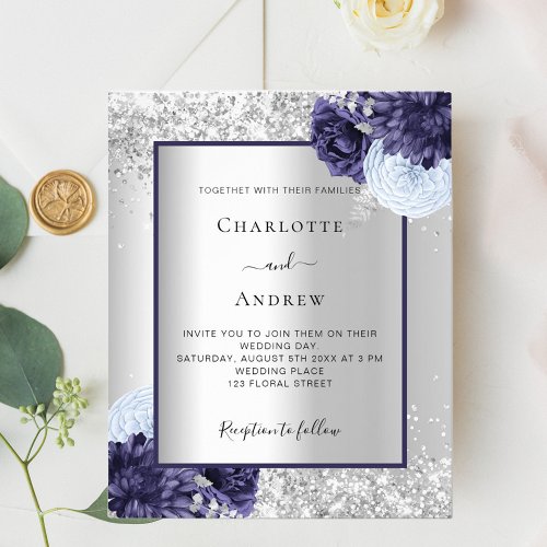 Silver navy blue floral budget wedding invitation flyer