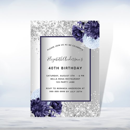 Silver navy blue floral elegant birthday invitation