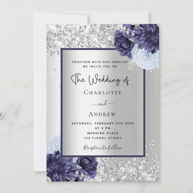 Silver navy blue floral wedding invitation (Front)