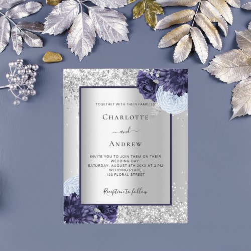 Silver navy blue floral wedding invitation