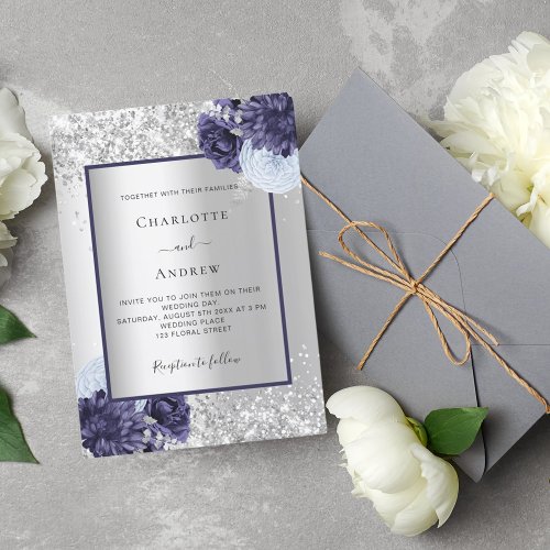 Silver navy blue floral wedding invitation