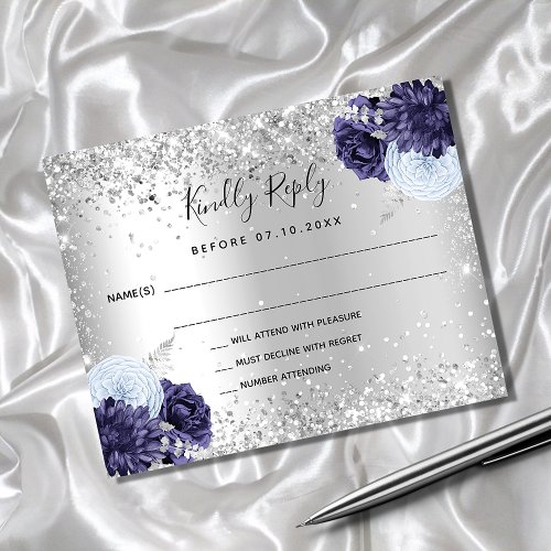 Silver navy blue florals budget wedding RSVP card Flyer