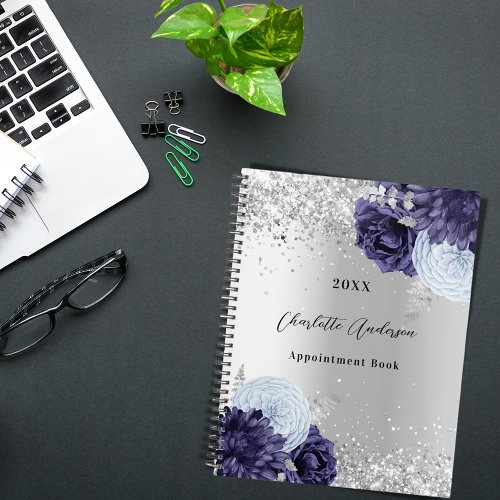 Silver navy blue florals elegant glamorous 2023 planner