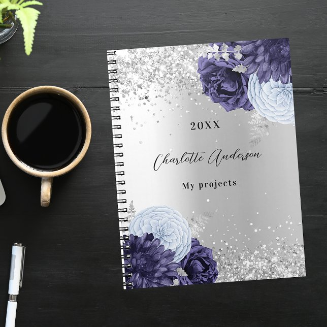 Silver navy blue florals elegant glamorous notebook (Creator Uploaded)