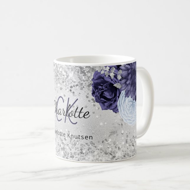 Silver navy blue florals elegant monogram name coffee mug (Front Right)