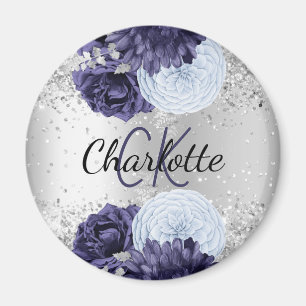 Silver navy blue florals elegant monogram name magnet
