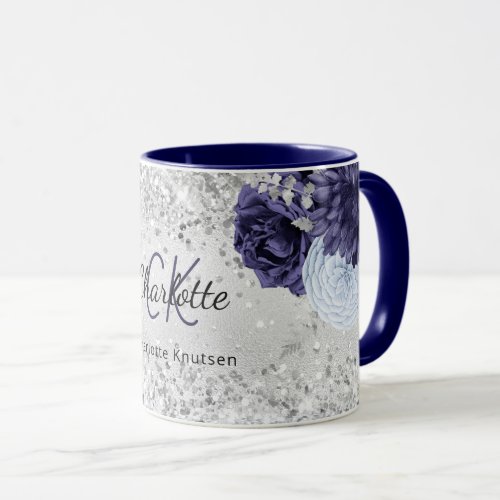 Silver navy blue florals elegant monogram name mug