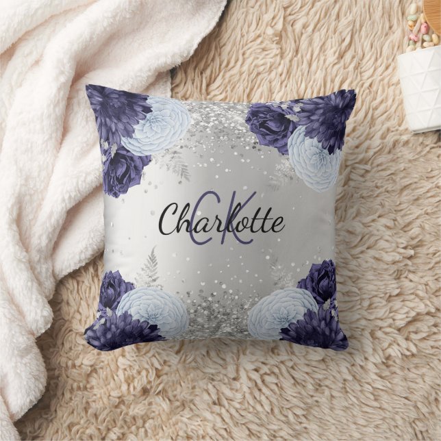 Silver navy blue florals elegant monogram name throw pillow (Blanket)