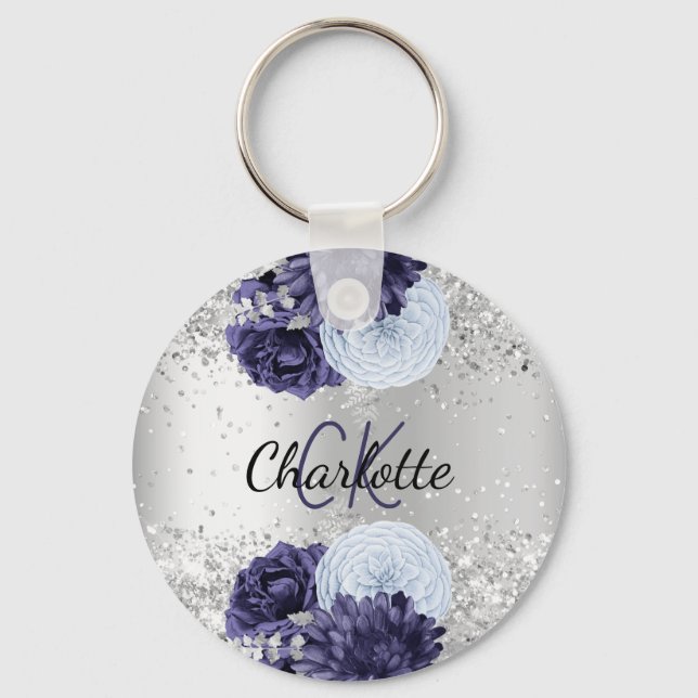 Silver navy blue florals elegant name keychain (Front)