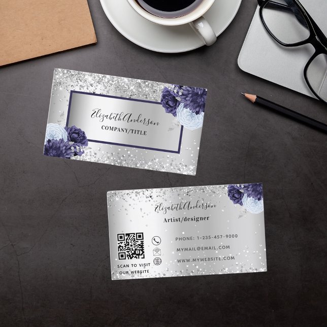 Silver navy blue florals elegant QR code Business Card (Creator Uploaded)