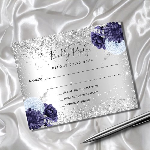 Silver navy blue florals glitter wedding RSVP card