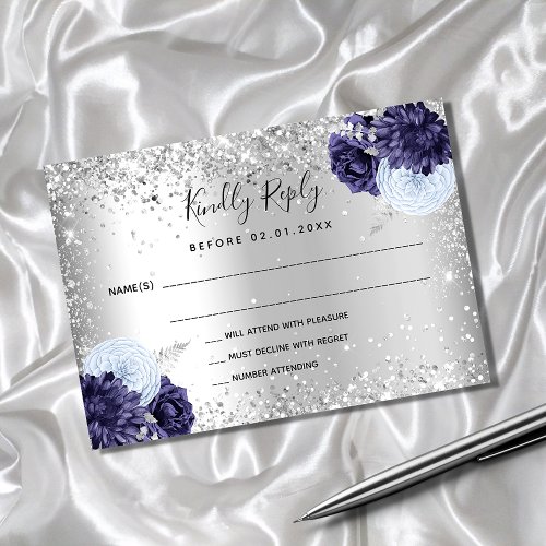 Silver navy blue florals glitter wedding RSVP Note Card
