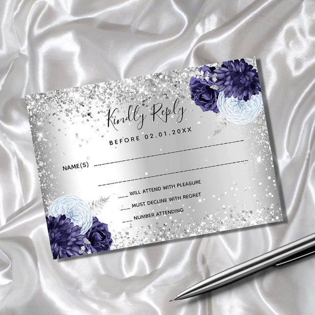 Silver navy blue florals glitter wedding RSVP Note Card (Creator Uploaded)