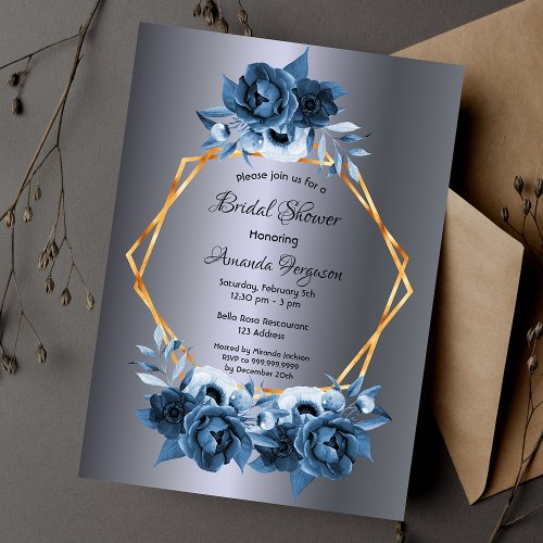 Silver navy Blue florals gold bridal shower Invitation