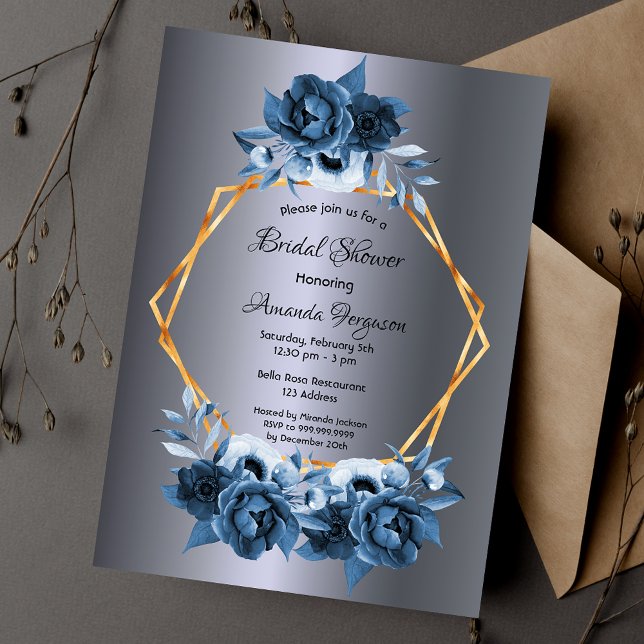 Silver navy Blue florals gold bridal shower Invitation (Creator Uploaded)
