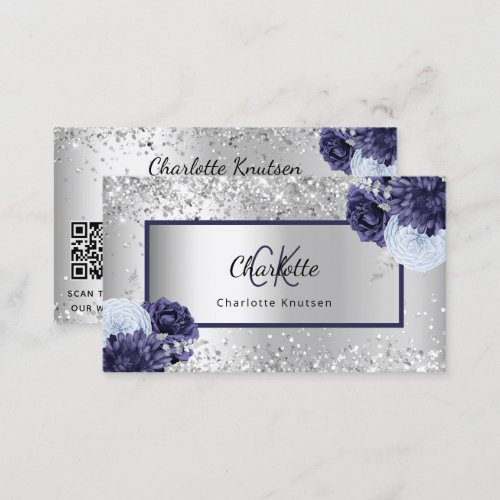 Silver navy blue florals monogram QR code Business Card