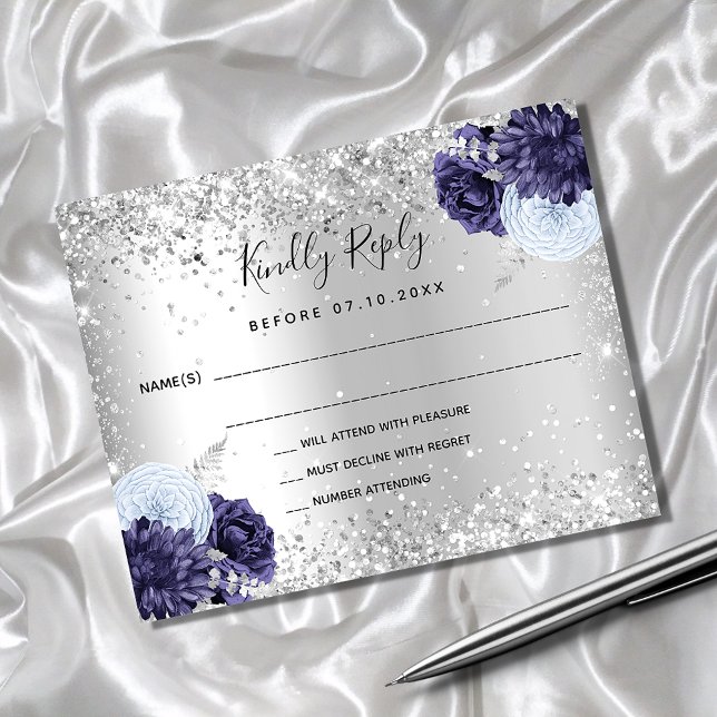 Silver navy blue florals wedding RSVP card (Creator Uploaded)