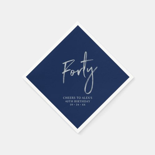 Silver  Navy Blue Forty 40th Birthday Party Napkins