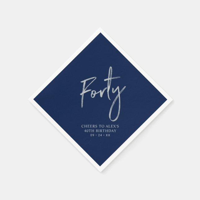 Silver & Navy Blue Forty 40th Birthday Party Napkins (Corner)