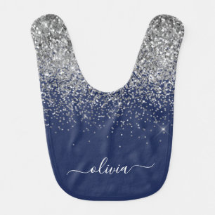 Silver Navy Blue Girly Glitter Sparkle Monogram Baby Bib