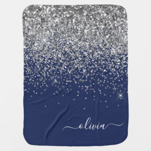 Silver Navy Blue Girly Glitter Sparkle Monogram Baby Blanket