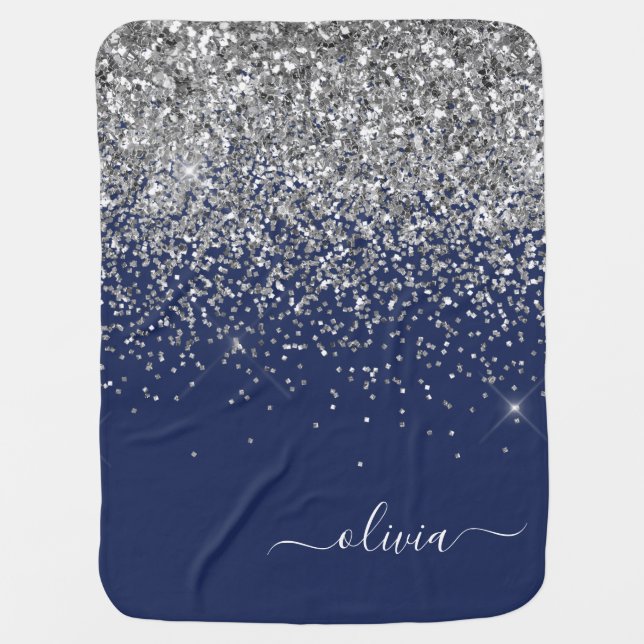 Silver Navy Blue Girly Glitter Sparkle Monogram Baby Blanket (Front)