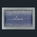 Silver Navy Blue Girly Glitter Sparkle Monogram Belt Buckle<br><div class="desc">Navy Blue and Silver Sparkle Glitter Script Monogram Name Belt Buckle. This makes the perfect graduation,  sweet 16 16th,  18th,  21st,  30th,  40th,  50th,  60th,  70th,  80th,  90th,  100th birthday,  wedding,  bridal shower,  anniversary,  baby shower or bachelorette party gift for someone that loves glam luxury and chic styles.</div>
