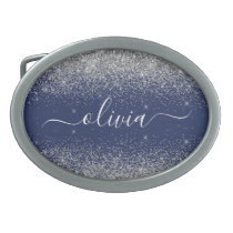 Silver Navy Blue Girly Glitter Sparkle Monogram Belt Buckle