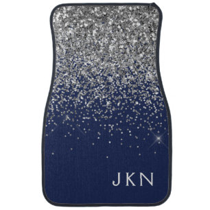 Silver Navy Blue Girly Glitter Sparkle Monogram Ca Car Floor Mat