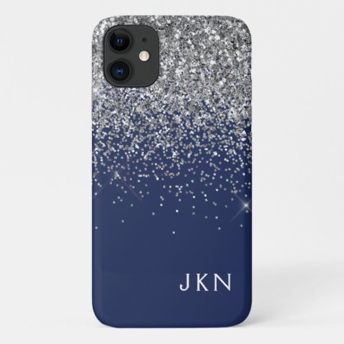 Silver Navy Blue Girly Glitter Sparkle Monogram iPhone 11 Case