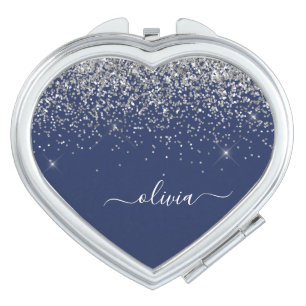 Silver Navy Blue Girly Glitter Sparkle Monogram Compact Mirror