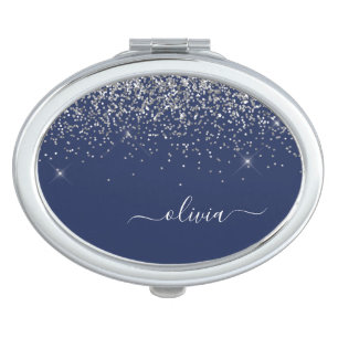 Silver Navy Blue Girly Glitter Sparkle Monogram Compact Mirror