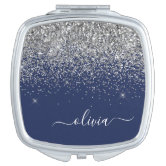 Purple Brushed Metal Silver Glitter Monogram Name Compact Mirror