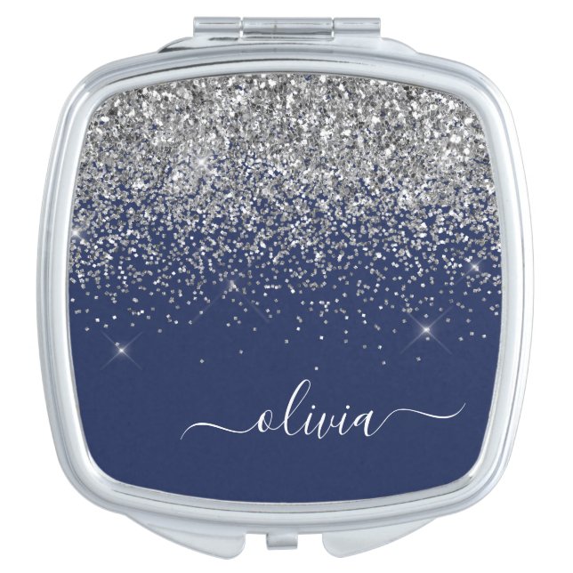Silver Navy Blue Girly Glitter Sparkle Monogram Compact Mirror (Front)