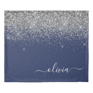 Silver Navy Blue Girly Glitter Sparkle Monogram Duvet Cover
