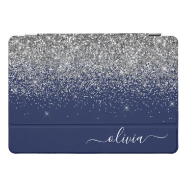 Silver Navy Blue Girly Glitter Sparkle Monogram iPad Pro Cover