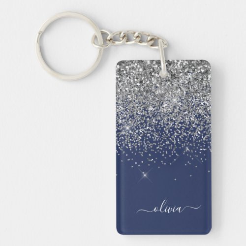 Silver Navy Blue Girly Glitter Sparkle Monogram Keychain