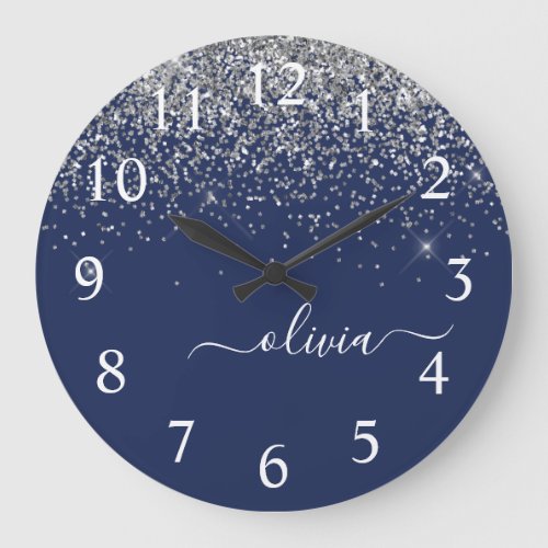 Silver Navy Blue Girly Glitter Sparkle Monogram Large Clock
