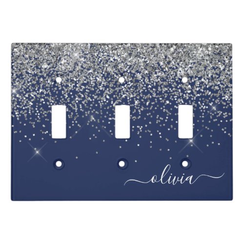 Silver Navy Blue Girly Glitter Sparkle Monogram Light Switch Cover