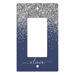 Silver Navy Blue Girly Glitter Sparkle Monogram Light Switch Cover