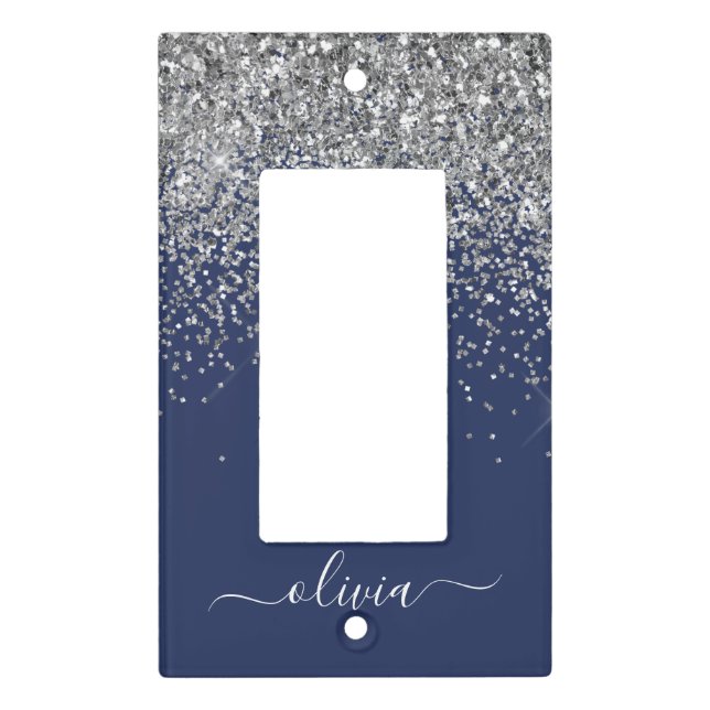 Silver Navy Blue Girly Glitter Sparkle Monogram Light Switch Cover (Front)