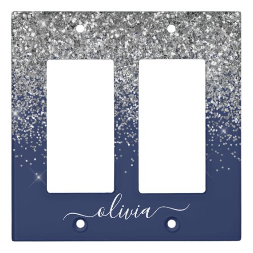 Silver Navy Blue Girly Glitter Sparkle Monogram Light Switch Cover