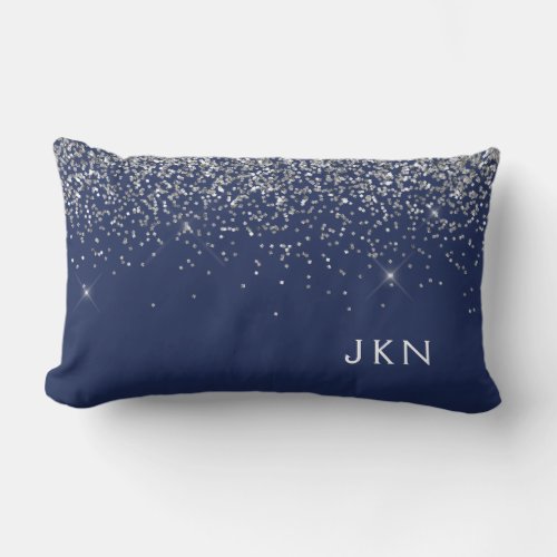 Silver Navy Blue Girly Glitter Sparkle Monogram Lumbar Pillow