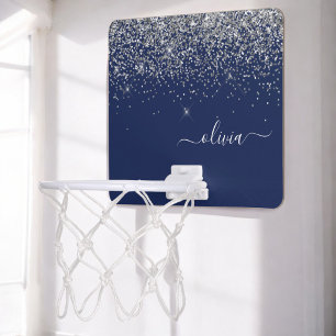 Silver Navy Blue Girly Glitter Sparkle Monogram Mini Basketball Hoop